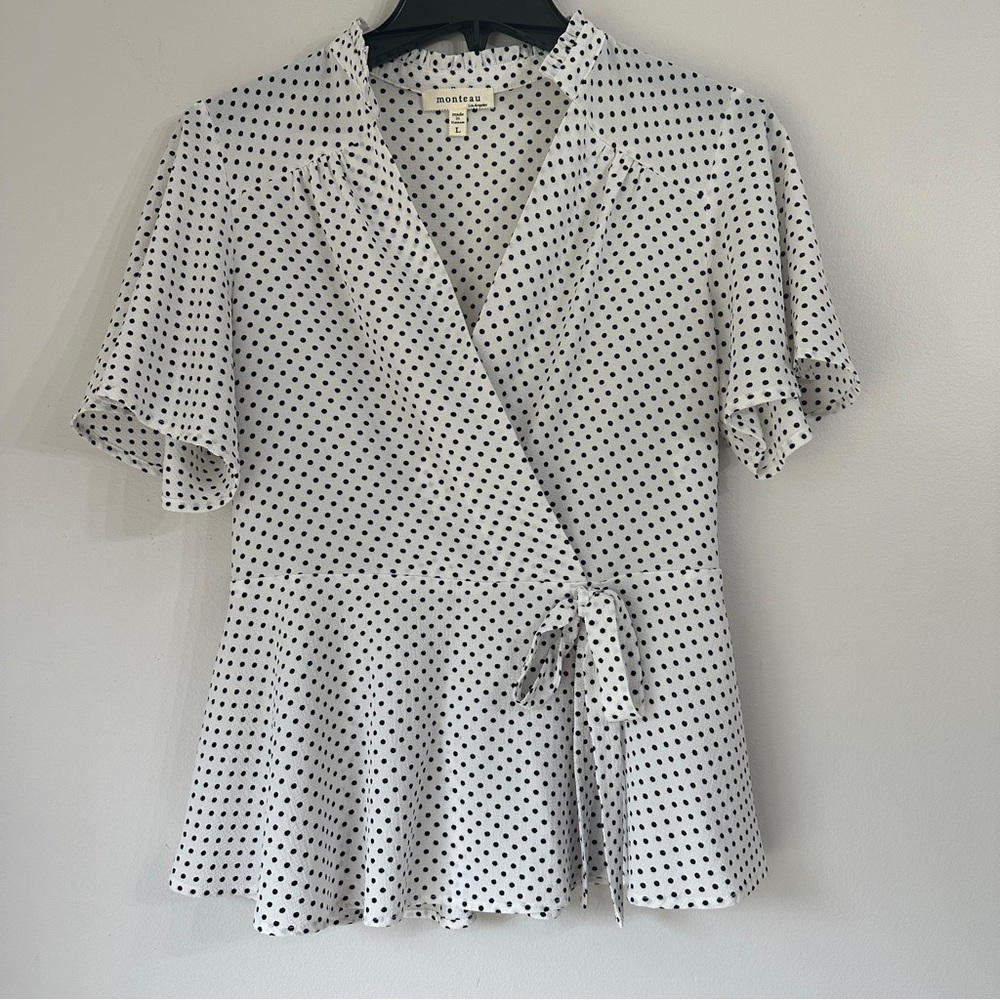 Monteau Polka Dot white and black Faux Wrap Shirt Top Blouse size Large - Picture 2 of 9